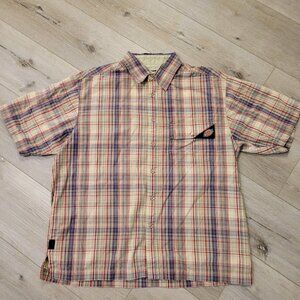 Mens Dickies Snap Button Logo Short Sleeve Shirt Sz M Striped Blue Tan